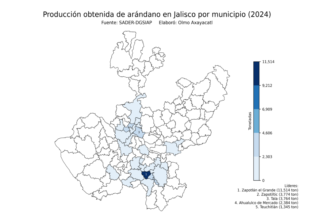 México Producción Agrícola Arándano Jalisco (producción obtenida)